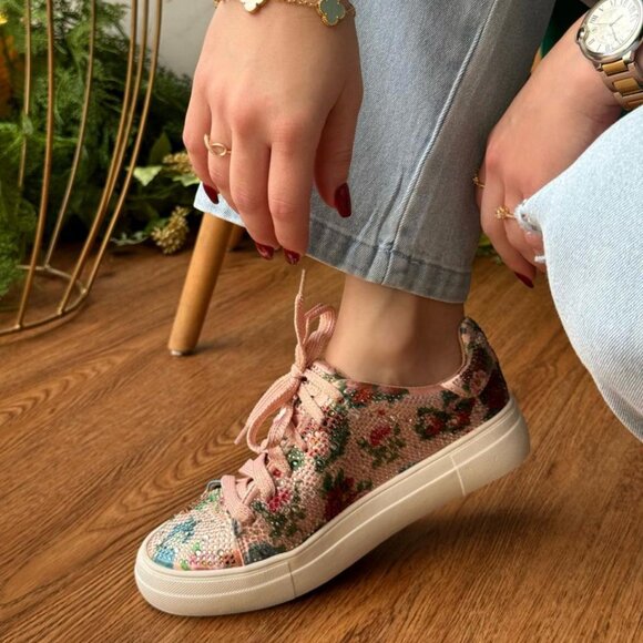 New Pink Floral Print Rhinestone Crystal Pavé Lace-Up Flat Platform Sneaker Shoe - Picture 2 of 8